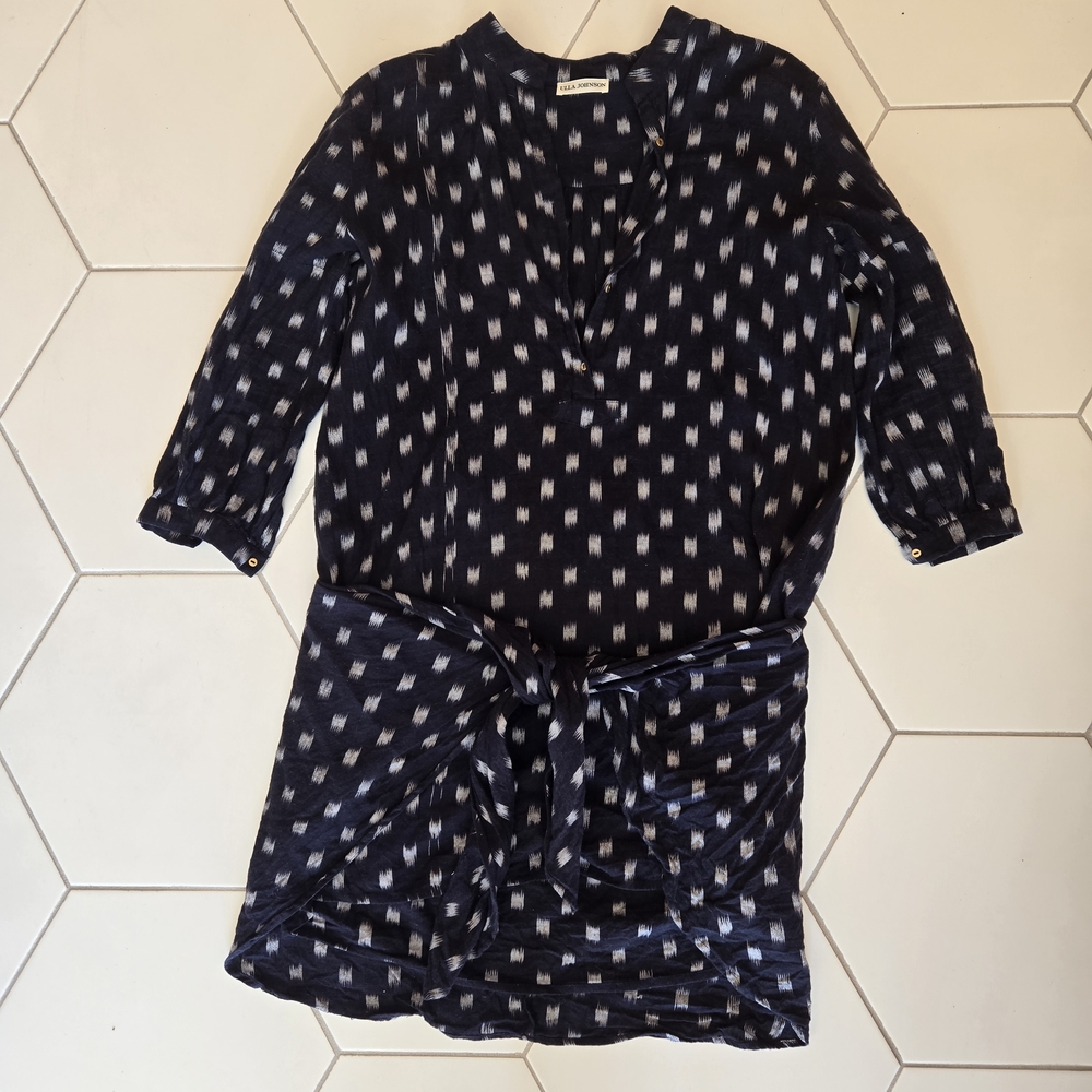 Ulla Johnson navy and white cotton drop waist mini dress with tie detail